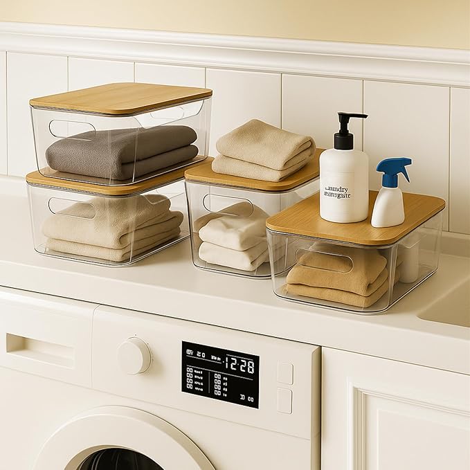 6 Pack Clear Storage Bins with Bamboo Lids, Stackable Organization and Storage Containers with Handle for Pantry, Cabinet, Closet, Fridge, Bathroom, Organizer Bins for Home & Kitchen