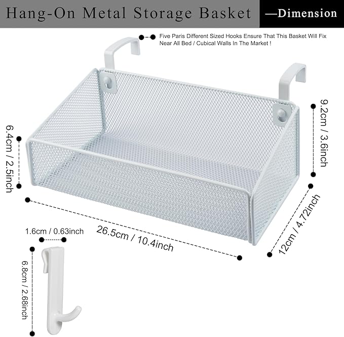 Bedside Caddy Shelf Hanging Storage Basket for Bunk Bed and Office Cubical Walls,Baby Bed Rails,College Dorm Bed Organizer - 5 Pairs Sized Hooks-for Phone Glass Magazine Decor (White)