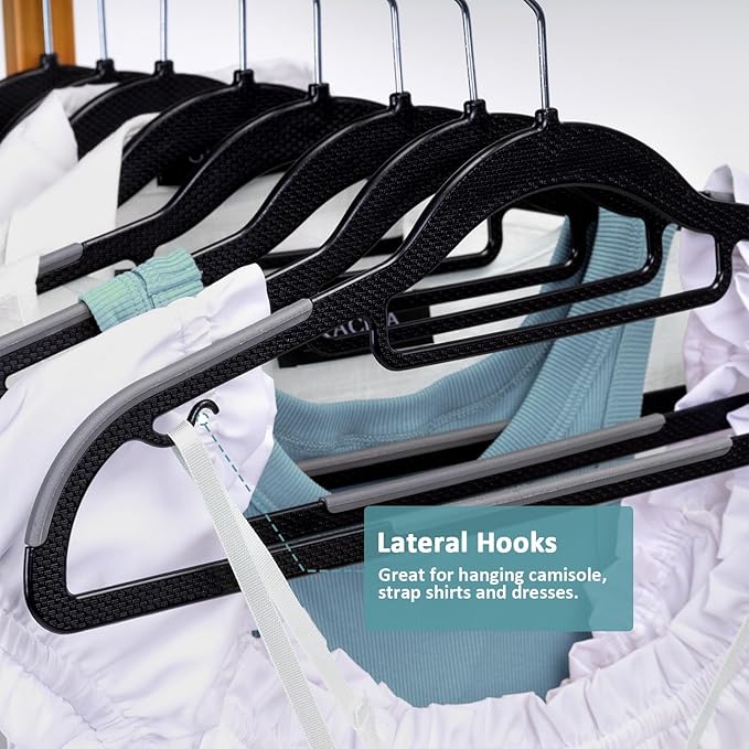 Tonswachic Heavy Duty Plastic Clothes Hangers, Space Saving Hangers 30 Pack, Non-Slip, 0.2 Inches Slim, 360° Swivel Silver Hook for Shirts, Pants & Wet/Dry Garments, Black and Dark Gray