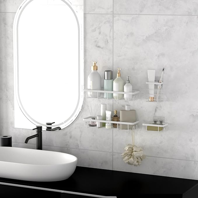 Uninol Shower Caddy Organizer with Hooks,Self Adhesive Bathroom Shelves,No Drilling Bathroom Organizers and Storage,Perfect for RV, Apartment, Home Decor,White 4PCS