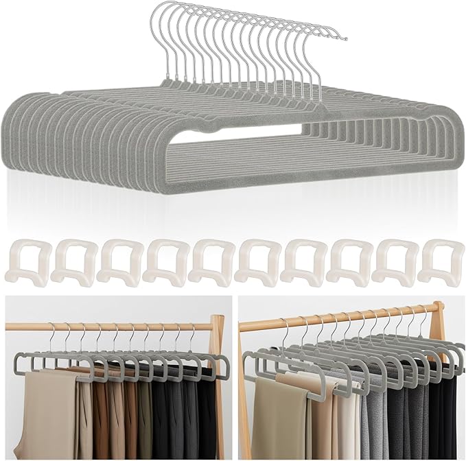 Velvet Pants Hangers Non Slip 20 Pack Plastic Velvet Pant Hangers, Rectangular Slim Velvets Hanger with 10 Hooks for Jean, Bra, Shorts (Grey)