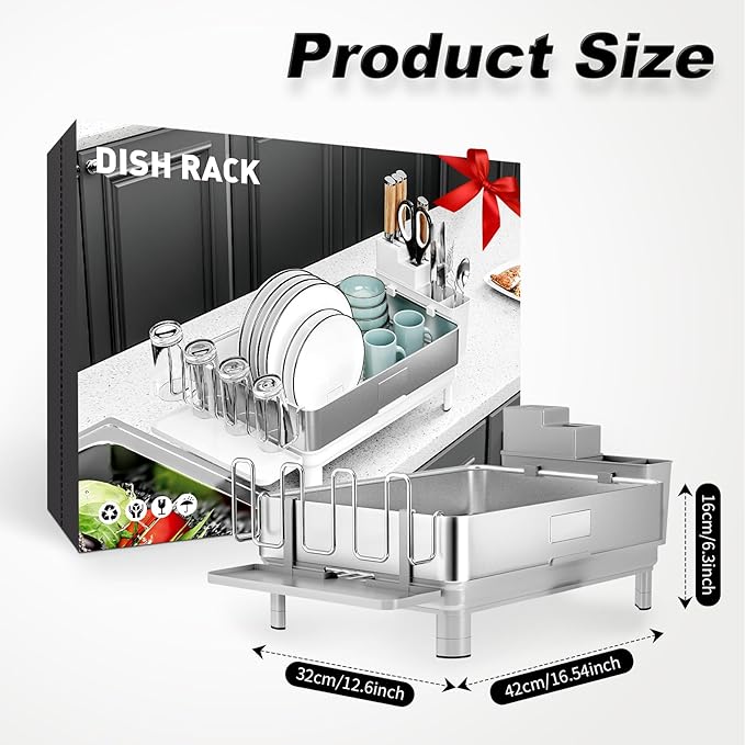 Dish Drying Rack, 304 Stainless Steel Dish Racks for Kitchen Counter, Dish Drainers with Automatic Drainage, Utensil Holder & Cups Holder, Space Saving Kitchen Organizer, Gray