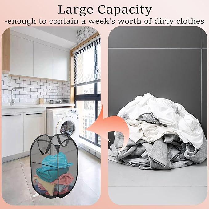 Pack of 2 Pop Up Laundry Hamper Collapsible Laundry Baskets Black Mesh Laundry Baskets with Portable Handle, Side Pocket for Bedroom, Nursery Room, Travel, Cruise