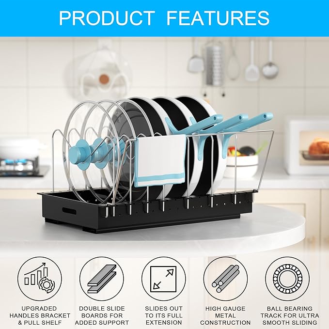 Golener 2 Packs Fixed Pots and Pans Organizer Under Cabinet, No Drill Slide-Out Pan Organizer with Adjustable Dividers & Handle Bracket, Pot Lid Holder, Pan Storage Inside Cabinet for Kitchen