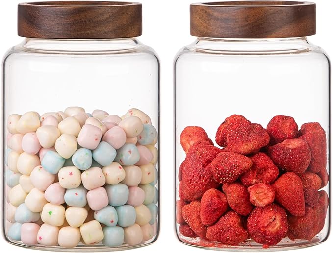 Patoper Large Glass Coffee Jars 60 oz /1800ml, Round Storage Canister with Wooden Lid Clear Glass Food Jar for Pantry Sugar Tea Coffee Bean Spice Nuts Cookies Bath Salts (1800ml/60oz-2PACK)