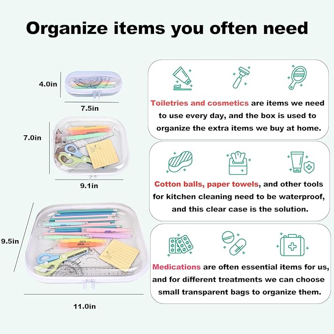 Clear Hard Shell Zipper Case,3PCS Transparent Clear Zipper Pouches,Hard Side Plastic Case Set,Portable Travel Storage Organizer Bins
