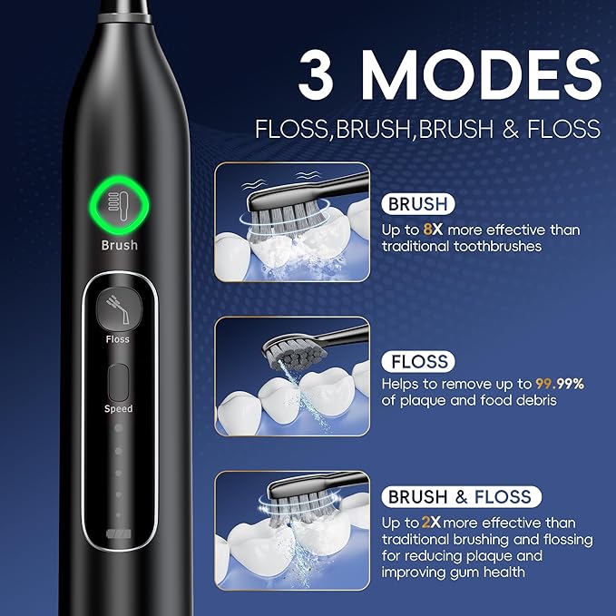 Electric Toothbrush with Water Flosser, All in One Sonic Flossing Toothbrush with 3 Modes & 5 Flossing Speeds & 4 Brush Heads, Rechargeable & Portable for Adult Teeth Cleaning,Black