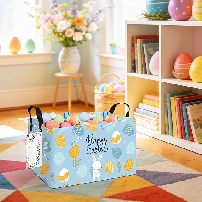 FANKANG Storage Bins,Nursery Hamper Canvas Laundry Basket Foldable with Waterproof PE Coating Storage Baskets for Boys and Girls, Office, Bedroom, Clothes,Toys(Rec-Easter eggs ）