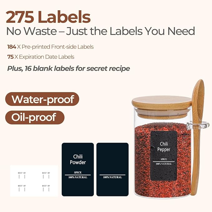 ComSaf 12 Pcs Glass Spice Jars and Spoons, 8oz Glass Containers with Bamboo Lids, Storage Containers with Airtight Lids with 275 Labels for Seasonings, Salt, Loose Leaf Tea Storage