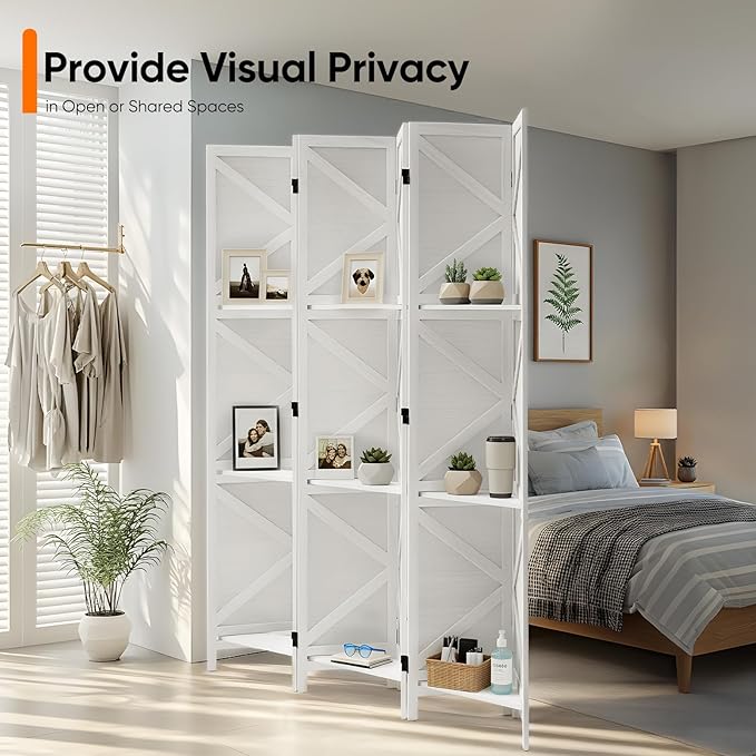 Modern Room Divider with Shelves, White X-Shape Design Folding Partition, 6-Panel Contemporary Freestanding Divider for Bedroom&Office, 67" H x 96" W