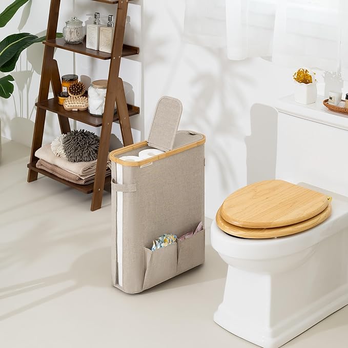 StorageWorks Toilet Paper Storage Baskets with Dual Flip Lids, Toilet Paper Organizer for Bathroom, Toilet Paper Container with Side Pocket, Holds 15 Mega or 20 Regular Rolls, Large, Light Khaki