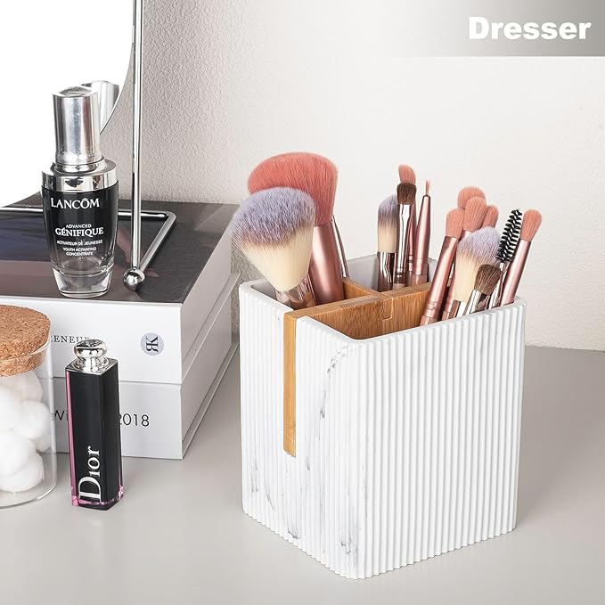 rejomiik Toothbrush Holders for Bathrooms Countertop, 3 Slots Electric Tooth Brushing and Toothpaste Storage Organizer Stand for Toiletries and Beauty Accessories, Marble White