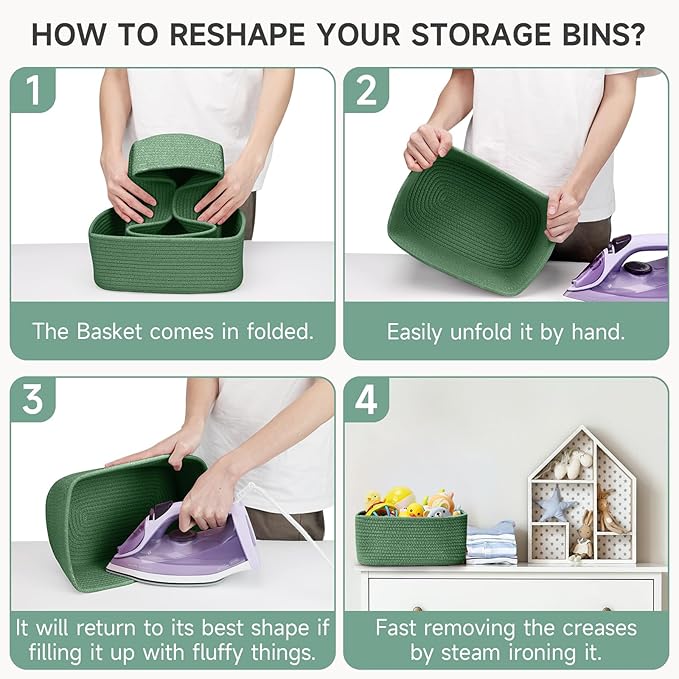 3-Pack Shelf Baskets for Organizing, Closet Organizer Bins, Small Woven Baskets, Rope Toy Basket, Storage Basket for Shelves, Cube Decorative Box, 11.8×7.8×5.1”, Green