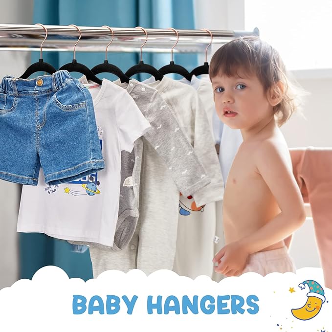 HOUSE DAY Velvet Baby Hangers for Closet, Kids Hangers Velvet 60 Pack, Non Slip Toddler Hanger 11.8 Inch, Durable Childrens Hanger for Newborn Baby Clothes- Black