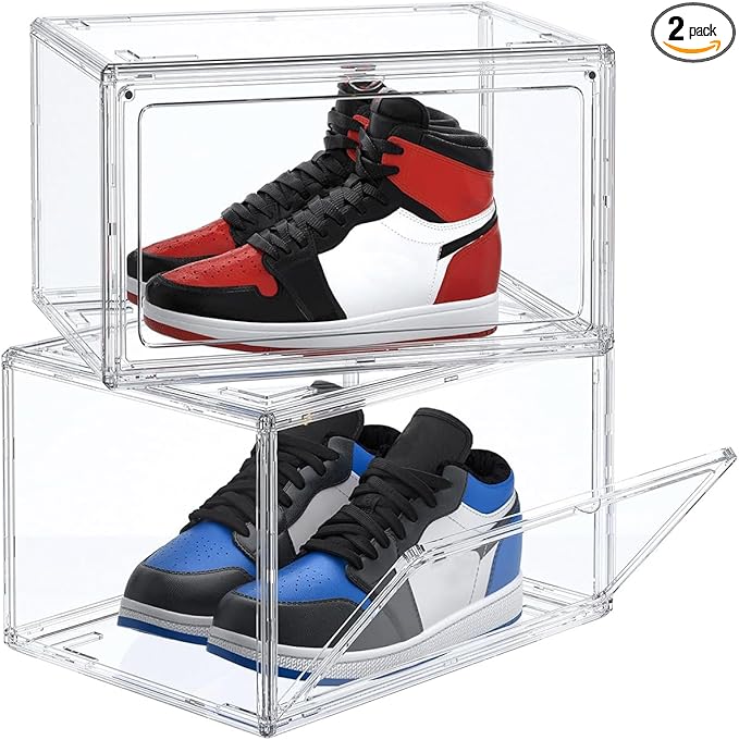 HIYOHIYO 2-Pack Acrylic Clear Stackable Shoe Boxes - 360 Clear Acrylic Display Shoes Boxes - Fully Transparent Display Box with Magnetic Door - Size 14