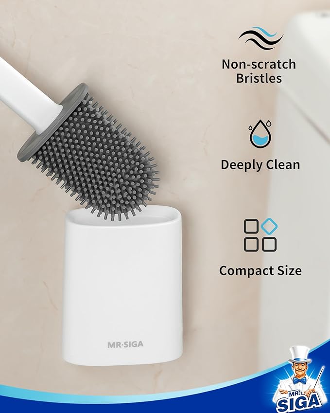 MR.SIGA Toilet Brush and Holder Set, Wall Mounted Toilet Bowl Brush, Compact Toilet Scrub Brush with Holder for Bathroom, White, 2 Pack