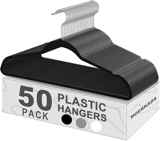 Hangers 50 Pack,Ultra-Thin Plastic Clothes Hangers (17.7 Inch) - Space-Saving Slim Hangers with Non-Slip Grooves for Wardrobe, Closet & Dorm Organization(Black)