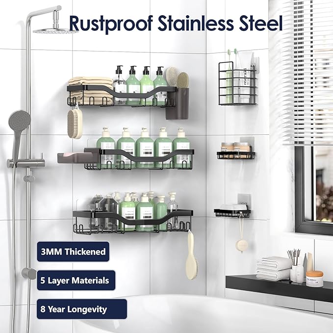 Shower Caddy Adhesive Shower Organizer 8-Pack, Rustproof Stainless Steel Bathroom Shelves, Large Capacity No-Drill Rack Storage Accessories with Soap Dish Toothbrush Holder Hooks