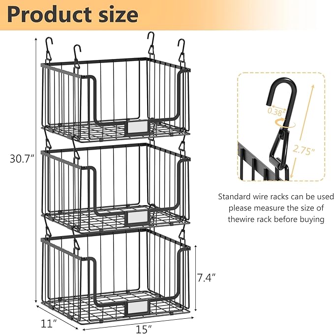 3-Pack Laundry Basket, Wire shelves for Laundry Room Space Saving-Metal Laundry Basket Holder,14.5"D x 10.5"W,Black