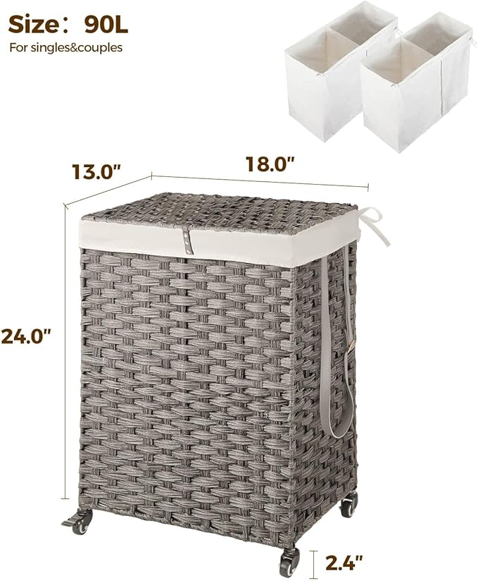 Greenstell Laundry Hamper with Wheels, No Install Needed, 90L Divided Handwoven Hampers & 2 Removable Liner Bags, Rattan Clothes Laundry Basket with Lid & Handles, Foldable Hampers Gray 18x13x26.4 In