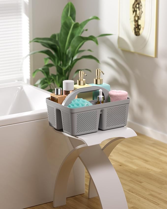 MLIKLU 4 Pack Portable Shower Caddy, Integrated Handle, Reinforced Plastic, Quick-Dry Ventilation Holes, Multi-purpose Storage Basket for Home, Dorm and Bathroom, Kitchen, Under Sink Storage, Grey