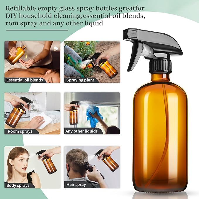 16oz Amber Glass Spray Bottles,2 Pack Glass Spray Bottles Refillable Empty Bottle with Adjustable Nozzle,Spray Bottle for Essential Oils,Cleaning,Pets,Hair Mister