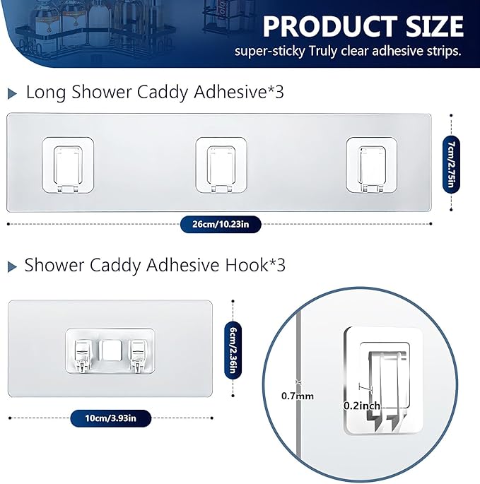 HOREAKHJ Shower Caddy Adhesive Replacement Hooks, Strong Waterproof Strips, No Drilling for Bathroom Shelves, Kitchen Racks, and Soap Holders (Transparent-6 Pack 1&3 Hook)