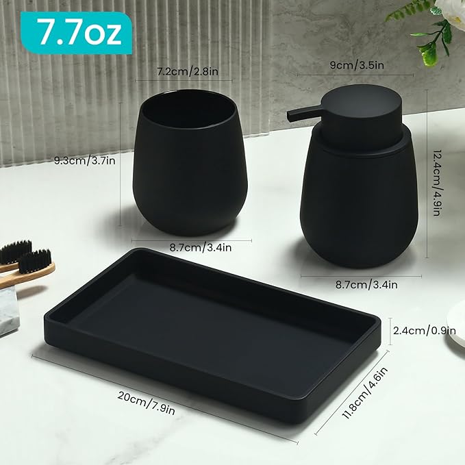 Black Bathroom Accessories Set, Modern 3 Pcs Bathroom Essentials - Soap Dispenser, Toothbrush Holder & Tray, Countertop Vanity Organizer (Black)