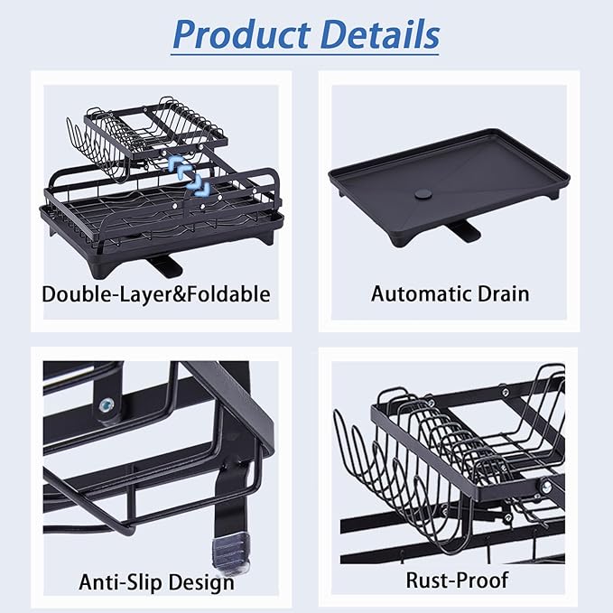 2 Tier Dish Drying Rack Automatic Drainage Board Space-Saving for Kitchen Counter with Cups Holder