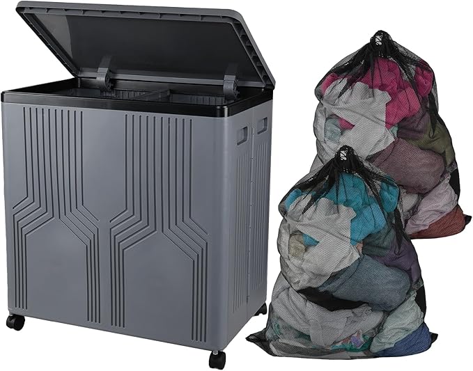 130 L Large Double Laundry Basket with Wheels Plastic, Rolling Laundry Basket with Lid and Removable Bag, Large Collapsible Laundry Hamper with 2 Sections, Gray