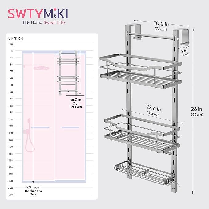 SWTYMIKI Over the Door Shower Caddy - 3 Tier Adjustable Shower Organizer Hanging with Soap Holder, No Drilling Stainless Steel Bathroom Rack Hanging for Body Wash, Shampoo, Soap, Razor, Silver