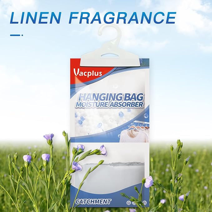 Vacplus Moisture Absorbers, Hanging Closet Dehumidifier Bags, Humidity Packs, Desiccant, Closet Dehumidifiers with Linen Fragrance, 20 Pack, 9.8 OZ