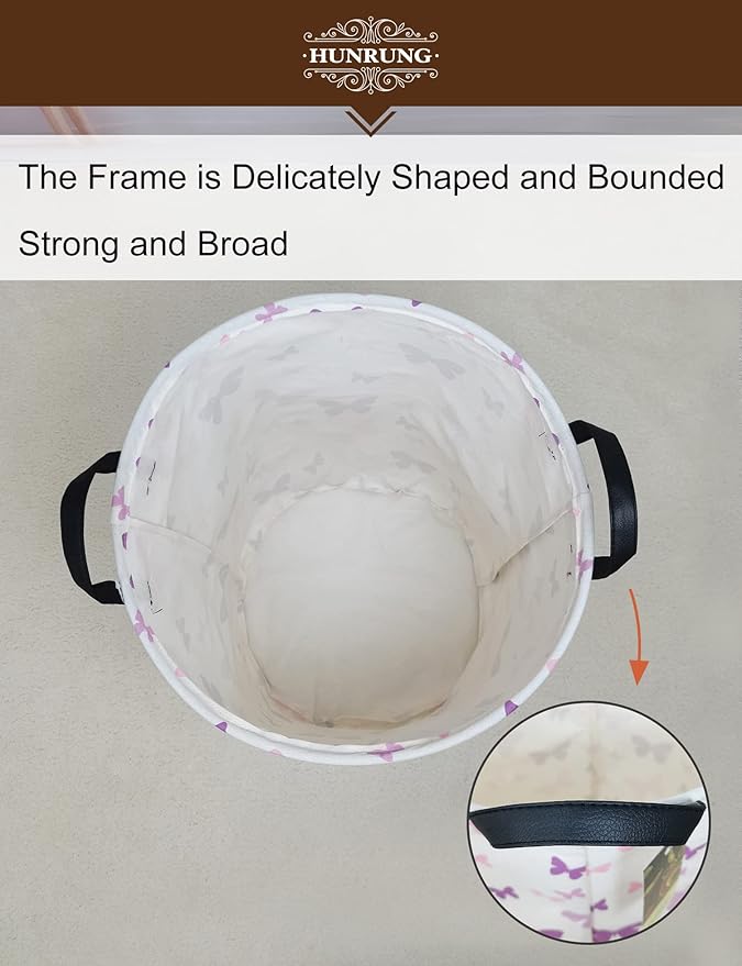 HUNRUNG Laundry Hamper,Large Canvas Fabric Lightweight Storage Basket Toy Organizer Dirty Clothes Collapsible Waterproof for College Dorms（Round-Butterfly）