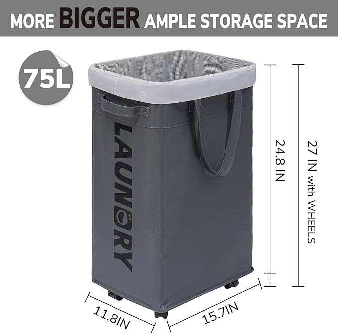 CHICVITA Rolling Laundry Basket with Wheels,75L Large Collapsible Laundry Hamper with Removable Wash Bag Space for Corner Dorms, Grey