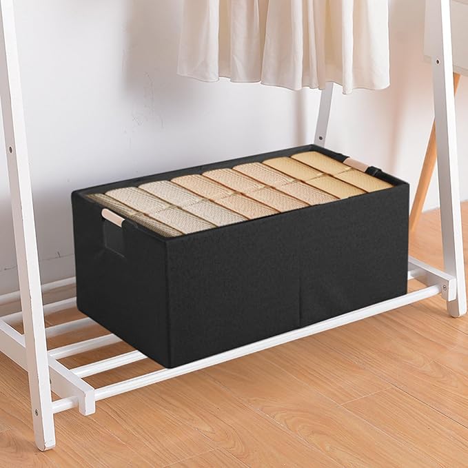 Fabric Storage Bin Box Foldable Cotton Linen Storage Basket with Wooden Handles Rectangular Cube Decorative Home Laundry Organizer Clothes Blanket Container – Black, Small