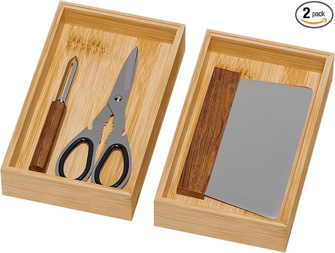 Bamboo Drawer Organizer for Kitchen Utensils, 2 Pack Stackable Bamboo Kitchen Drawer Organizers, Silverware & Utensil Drawer Trays, 10" x 6" x 2" (Outer), 9.3" x 5.3" x 1.3" (Inner)
