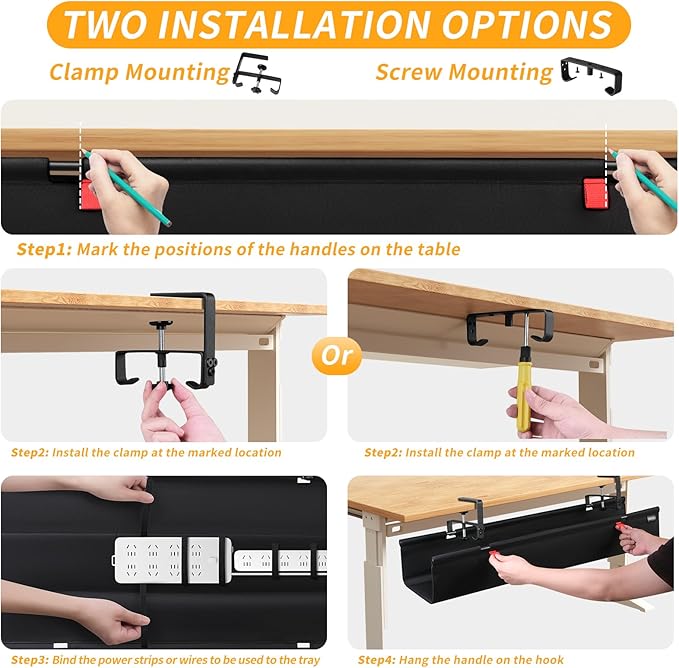 No Drill Under Desk Cable Management Tray, 28" Cord Organizer with Clamp, Fabric Cable Management for Standing Desks, Ideal for Home & Office - Black