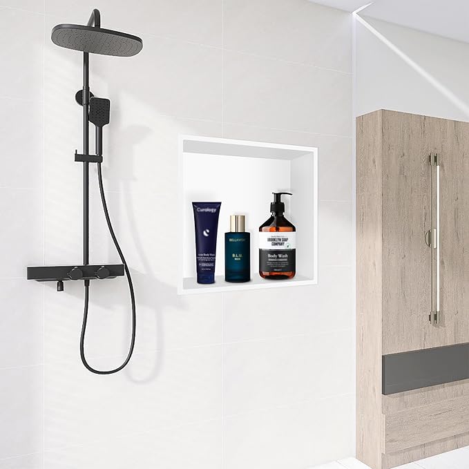 BATHFINESSE Shower Niche No Tile Needed, 12 x 12 White Shower Niche Insert Tile Ready, Recessed for Shower Wall Bathroom Storage Over Mount Installation