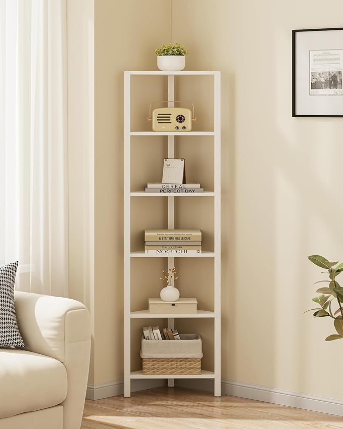 TUTOTAK 6-Tier Corner Bookshelf,Corner Shelf for Small Space, Narrow Display Corner Shelf Stand with Storage Rack, for Living Room, Bedroom, White BS05BW006