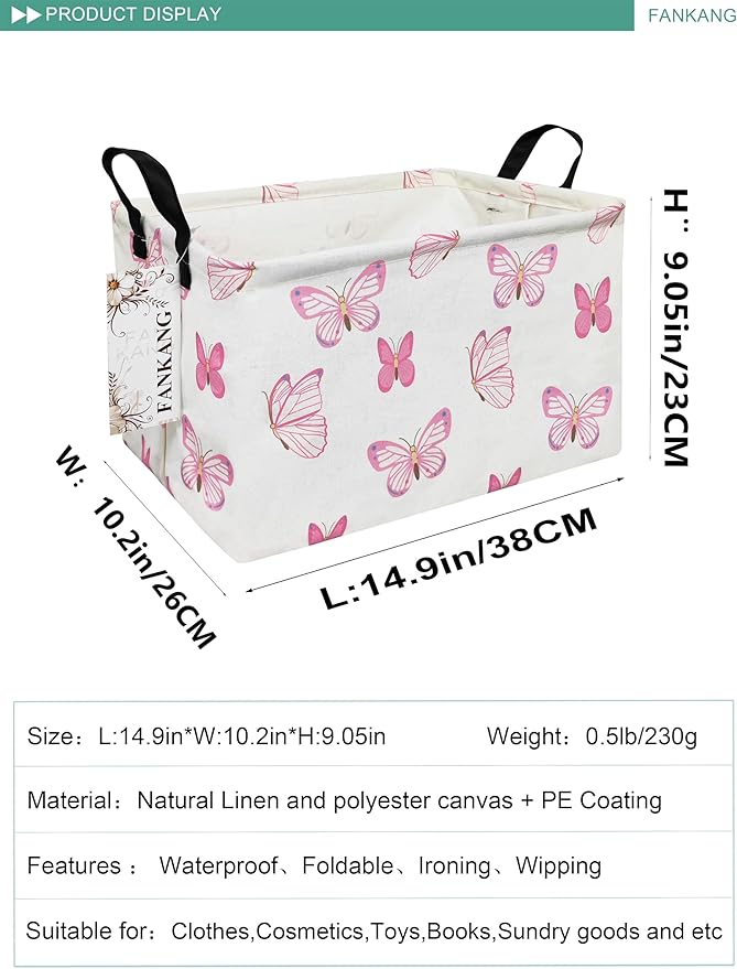 FANKANG Storage Bins, Nursery Hamper Canvas Laundry Basket Foldable with Waterproof PE Coating Large Storage Baskets for Kids Boys and Girls, Office, Bedroom, Clothes,Toys(Rec-pink butterfly ）