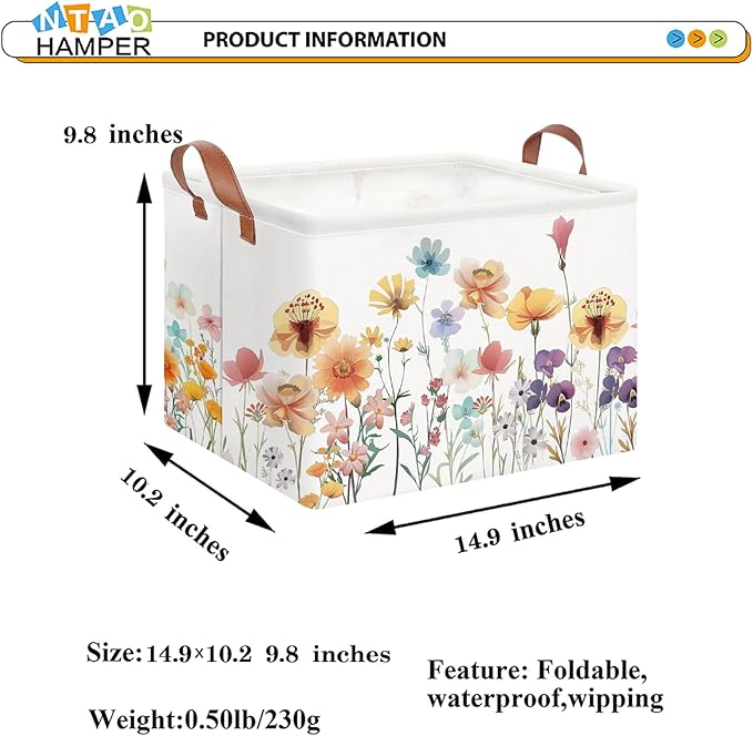 Rectangular Storage Basket Empty,Toys Storage Bin with Handles,Baby Room Decor,Gift Basket,Book Box(Flower)