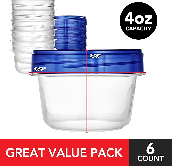 Stock Your Home 4oz Plastic Containers with Twist Top Lids (6 Pack), 1/2 Cup Small Freezer Containers for Leftover Food, Airtight Reusable Soup Containers with Lids, Microwave and Dishwasher Safe