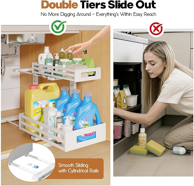 1-Pack Under Sink Organizers and Storage,2-Tier L Shape Pull Out Cabinet Organizer With Round Tube Slide Rails,Hight Adjustable Slide Out Drawers for Kitchen&Bathroom,Multi-Purpose Storage Shelf-White