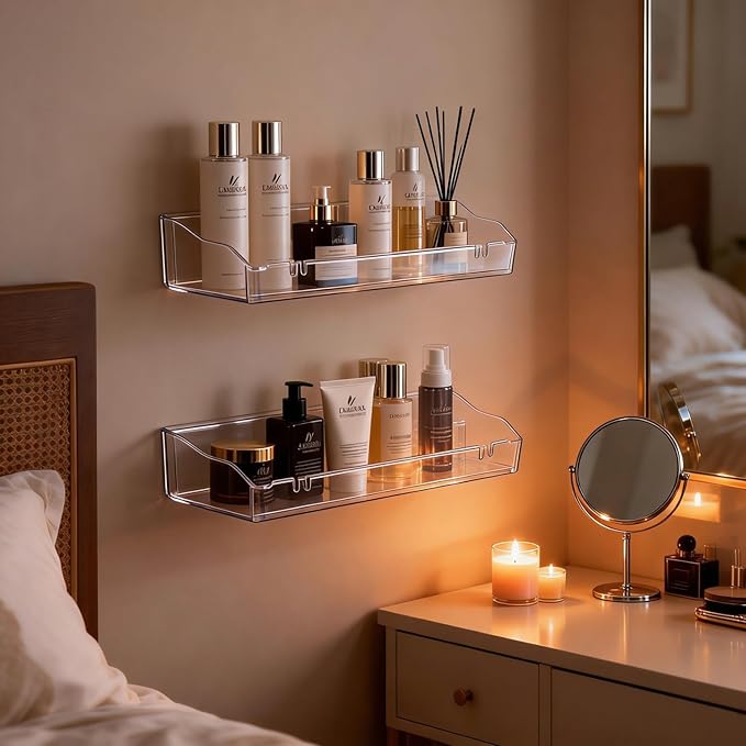 Clear Floating Shelves, Acrylic Shelves for Bathroom Organizers and Storage, Bathroom Shelf with Adhesive Shelf or Screws, Wall Mount Organizer for Shower Caddy,Room Decor, Kitchen, Living Room