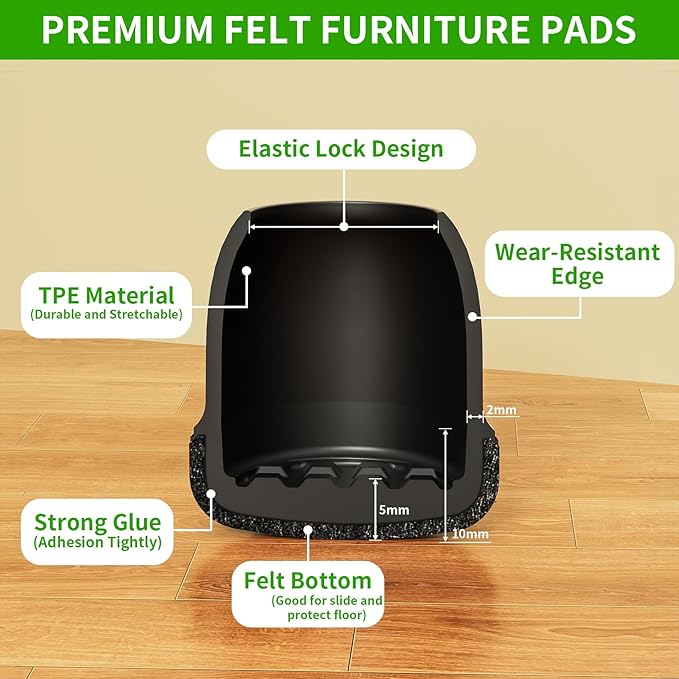 24 Pcs Small Chair Leg Floor Protectors, Chair Leg Protectors for Hardwood Floors, Silicone Chair Leg Caps Covers, Round Felt Furniture Pad Protect Floor from Scratches & Noise(Black, Fit 0.55"-0.75")