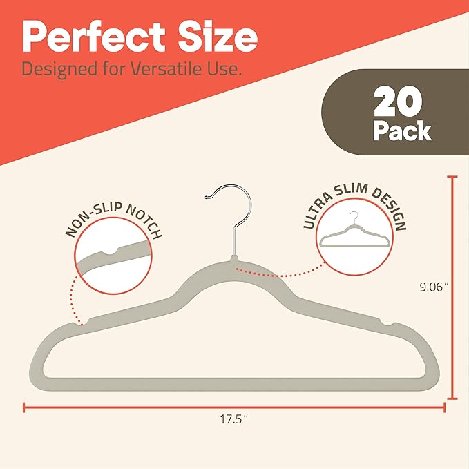 Ivory Velvet Hangers 20 Pack – 360° Swivel Hook, Non-Slip and Space Saving Hangers, Heavy-Duty 11 lbs Weight Capacity - Smooth Velvet Finish for Crease-Free Clothes and Effortless Closet Organization