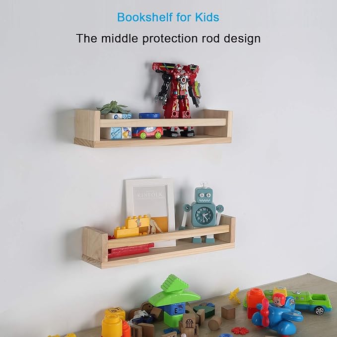 Nursery Book Shelves, Set of 2 Wood Floating Book Shelves for Kids Room, Kitchen Spice Rack, or Rustic Wall Mounted Shelves for Farmhouse Bathroom Décor (Natural Wood)