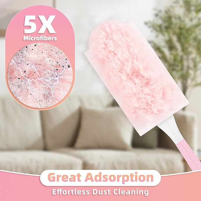 30 Count Pink Duster Refills Compatible with Swiffer Handle, 360° Multi-Surface Duster Refills with 1 Handle, 5X Microfibers Disposable Dusters for Valentines Home, Office Cleaning