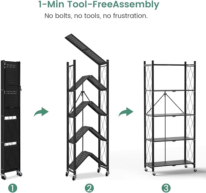 ALANNG 3 Tier Storage Shelves on Wheels, No Assembly Metal Folding Shelf Heavy Duty, Black | Colorful | Rolling | Collapsible | Rack Unit | for Living Room Office | 13.4" D x 28" W x 35.4" H