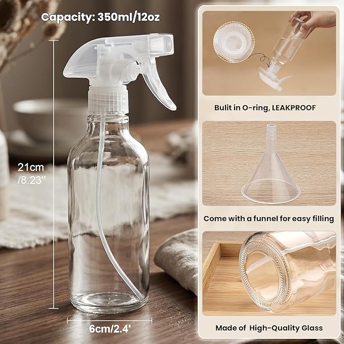 Glass Spray Bottles 12oz Empty Spray Bottle Mist/Stream Spraying Small Refillable Containers for Hair Care, Cleaning Solutions, Plants, Essential Oils 1 Pack (Clear-1, 12oz)